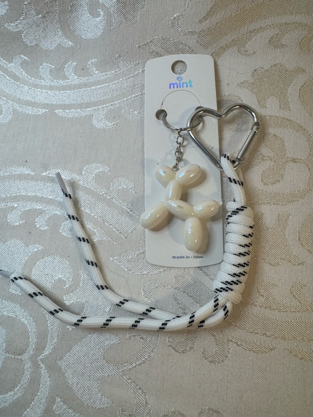 New Mint White Paracord Balloon Dog Key Charm with Heart Carabiner